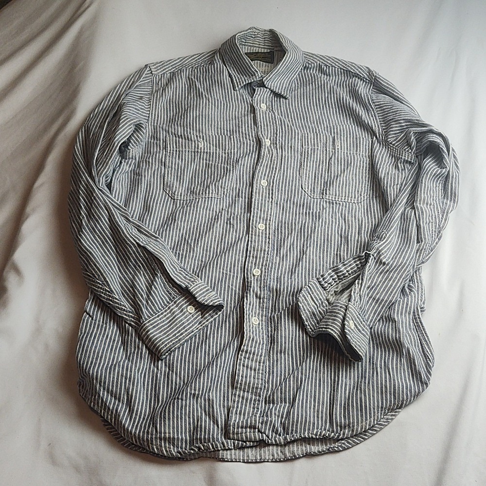 Eddie Bauer Expedition Outfitter Button-Down Shirt Blue White Hickory Stripe L